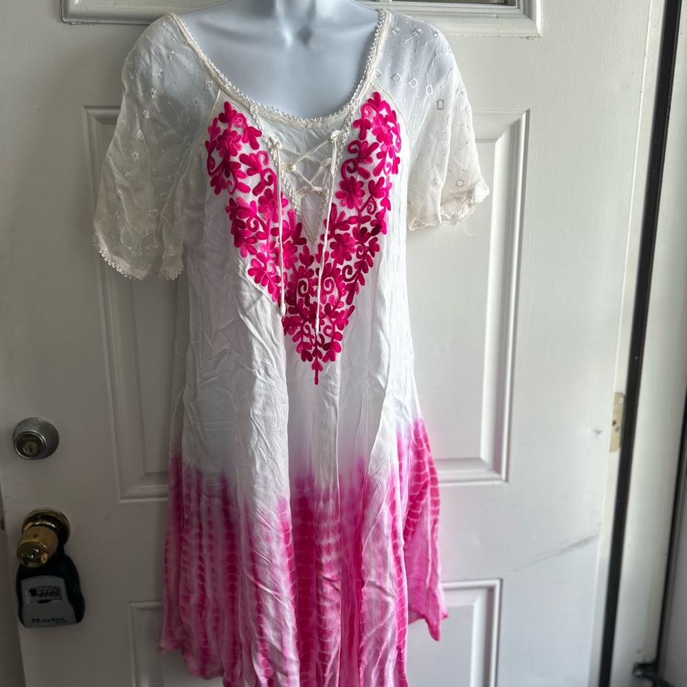 White Boho Lace-Up Dress with Hot Pink Heart Embroidery -Sm/Med